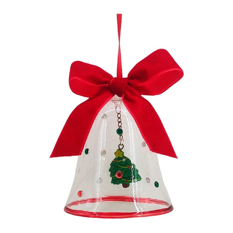 Christmas Glass Bell Hanging Ornament with Red Ribbon