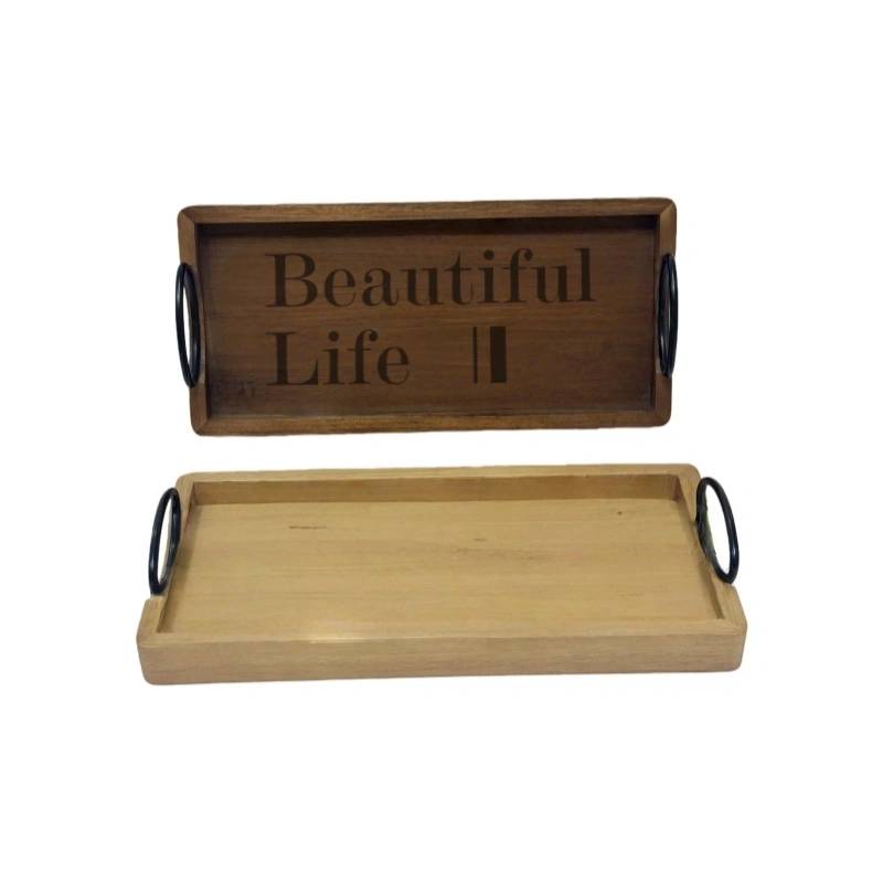 Rectangular Wooden Serving Tray Set with Metal Handles