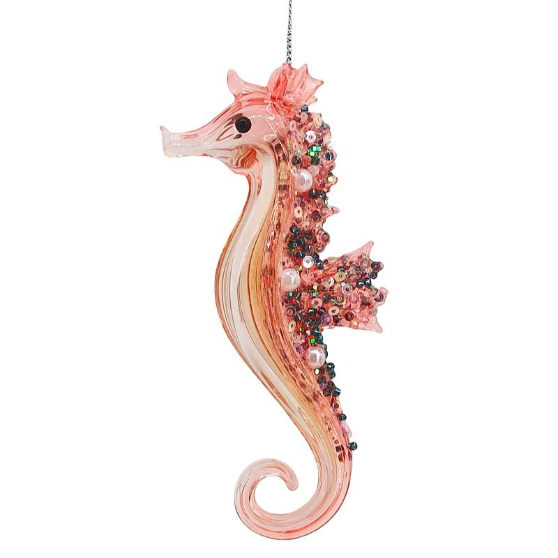 Handcrafted Glass Seahorse Hanging Ornament with Beaded Accents