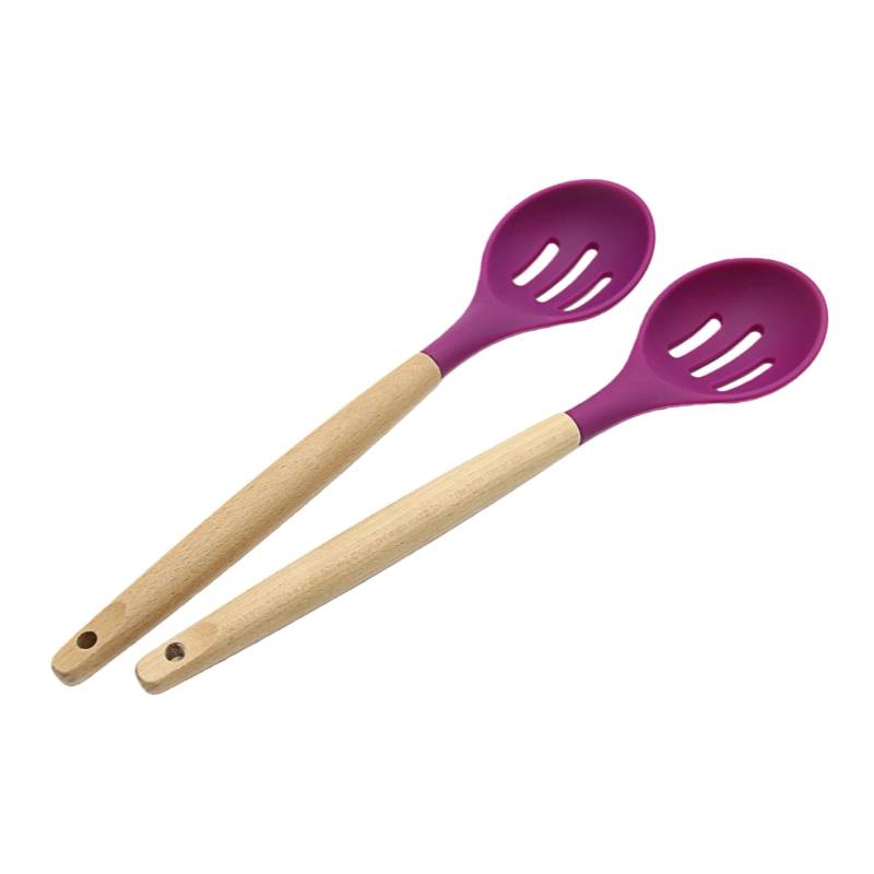 Silicone Slotted Spoon with Wooden Handle Set
